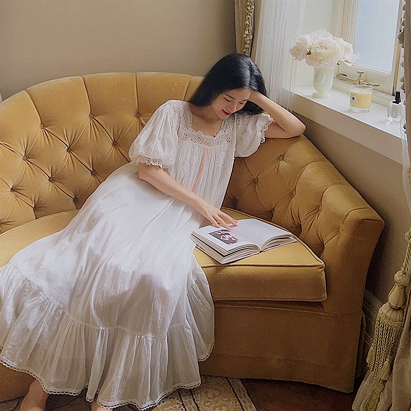 春夏季法式蕾丝睡裙薄款宫廷风长裙网红白色短袖公主风复古睡衣女