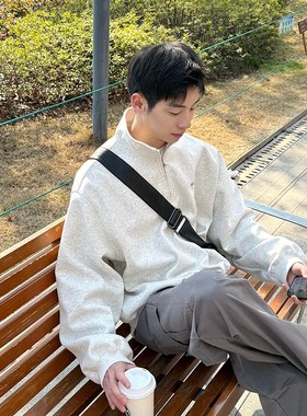 灰色半拉链立领卫衣男生春秋季2025新款套头上衣外套休闲宽松百搭