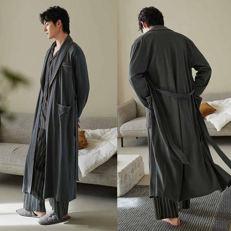 轩靓男士睡衣春秋季纯棉长袖睡袍三件套装男款大码浴袍秋冬家居服