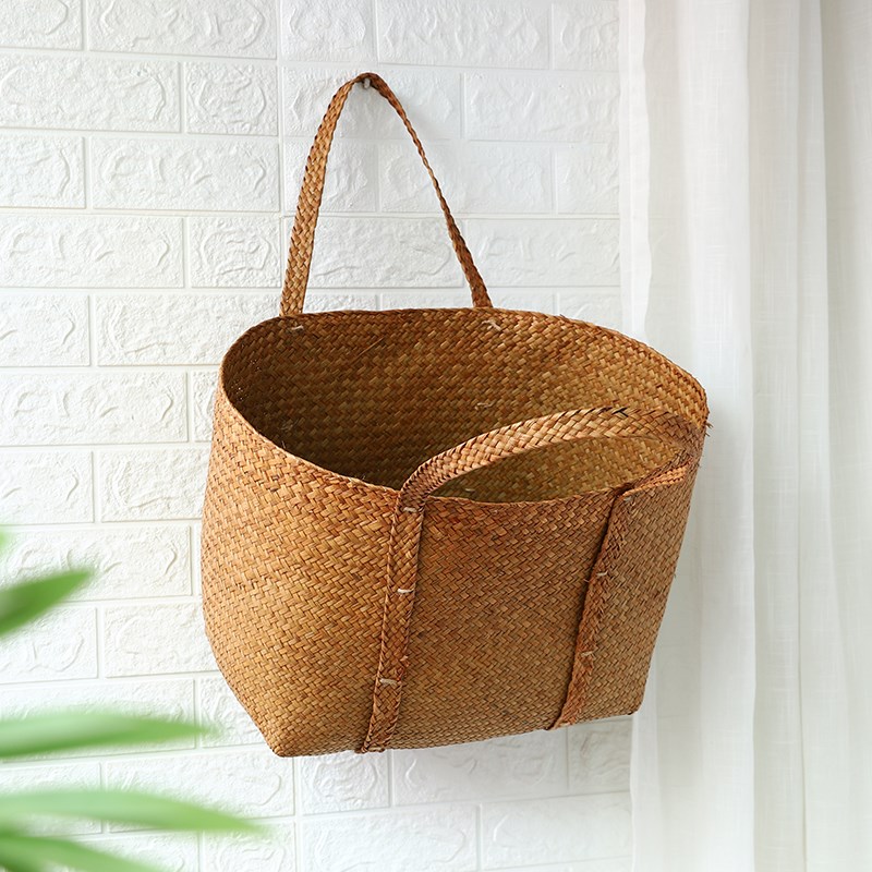 文艺草编手提篮编织收纳筐大号田园风织草脏衣篮复古风玩具收纳篮