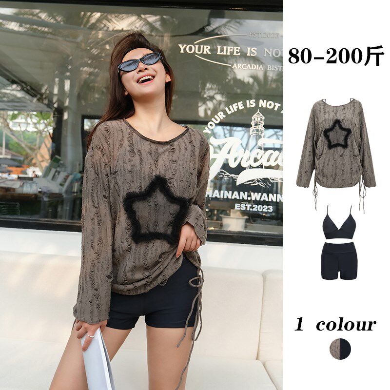 新款微胖大码胖mm泳衣女遮肉显瘦分体三件套罩衫长袖Y破洞绑带小