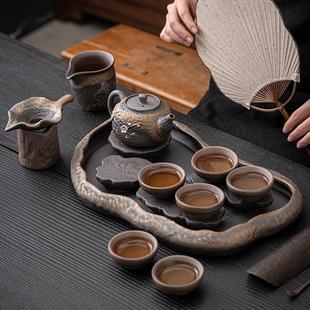 家用高档茶艺中式 粗陶功夫茶具套装 复古茶盘茶壶客厅喝茶整套禅意