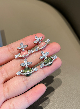 高品质治愈橄榄绿色粉色珐琅钻星球耳钉春夏新款耳饰