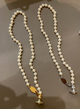 西太后蓝色土星珍珠项链白色珐琅