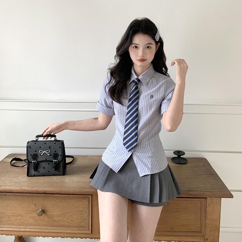东京岁时记jk制服日系学院风y收腰显瘦条纹衬衫女百褶裙两件套夏