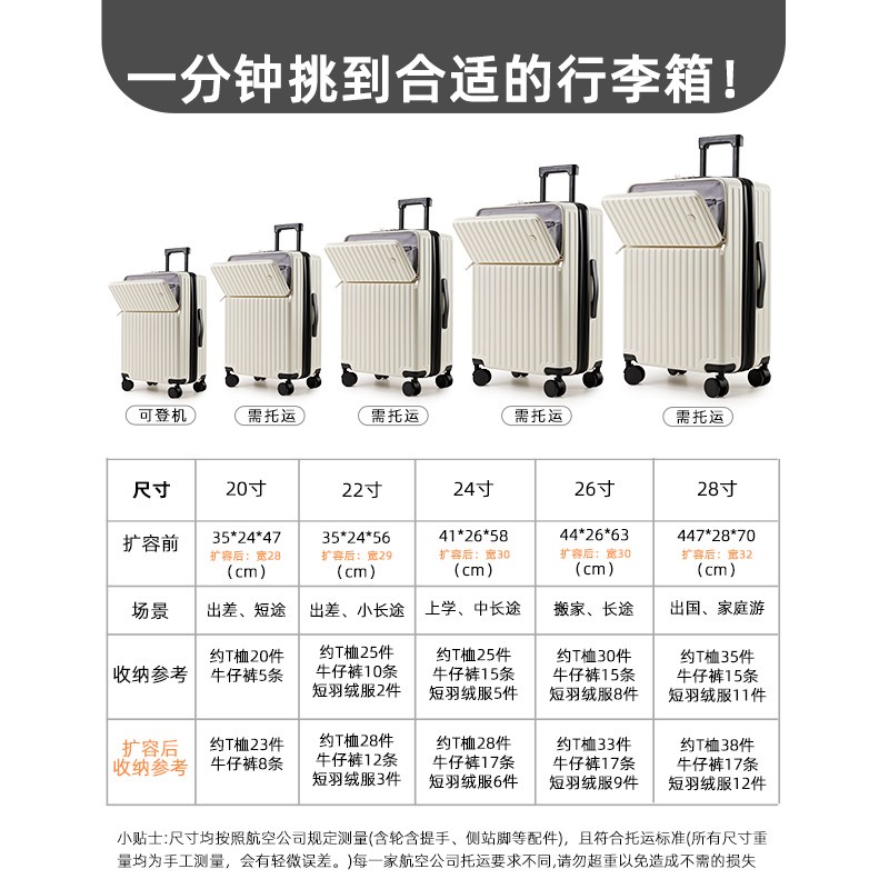 前开口可扩容行李箱女2p025新款20寸登机箱28大容量学生拉杆箱男