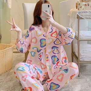 夏天人造棉绸套装女士夏季大码宽松薄款绵绸V领开V衫家居服空调服