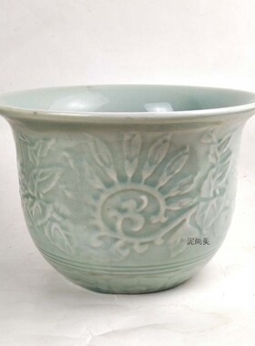 花盆80年代怀旧青瓷盆土培多肉吊兰有孔K陶瓷带托盘绿植花盘摆件