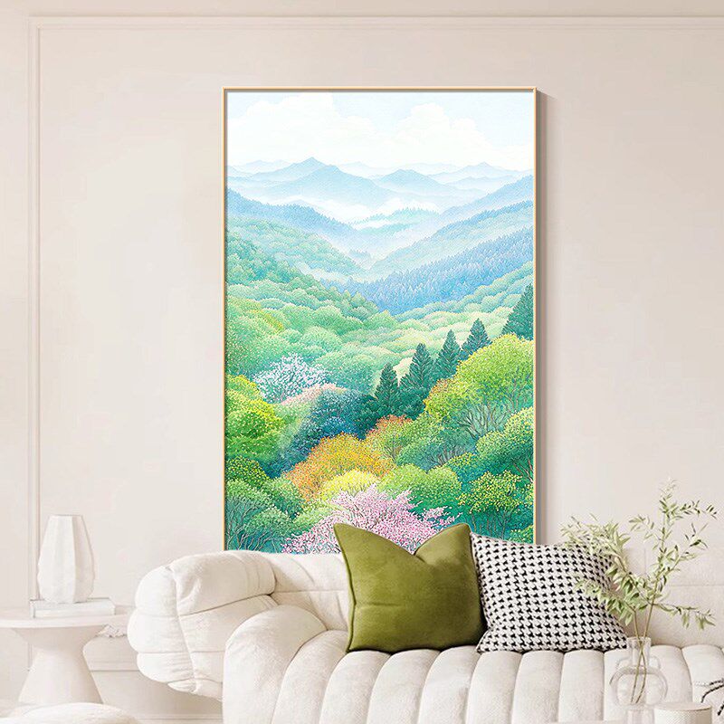 野地美树子2025年新款客厅挂画绿E色森林风景画沙发后背景墙装饰