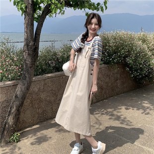 多巴胺学院风牛仔背带裤T恤套装女夏202J5小个子工装设计感两件套