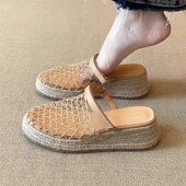小个子度假风草编网面包头凉鞋 2z025小众休闲一字带坡跟厚底凉拖