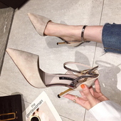 2021年新款 夏季 黑色单鞋 包头凉鞋 法式 女细跟网R红尖头一字带高跟