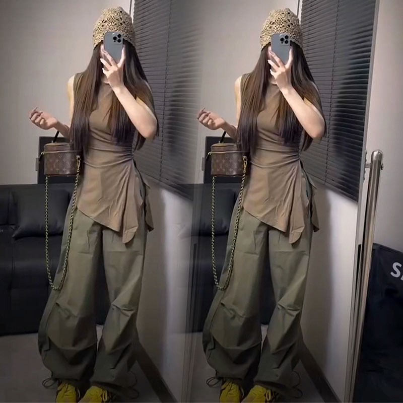 网红时尚套装女2025夏季圆领无袖设计感不规则小衫+X阔腿裤两件套
