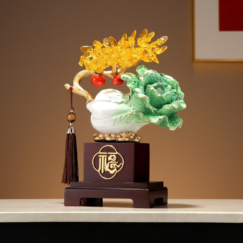 新中式黄水晶招财l树仿玉白菜木座装饰摆件客厅玄关装饰品开业礼