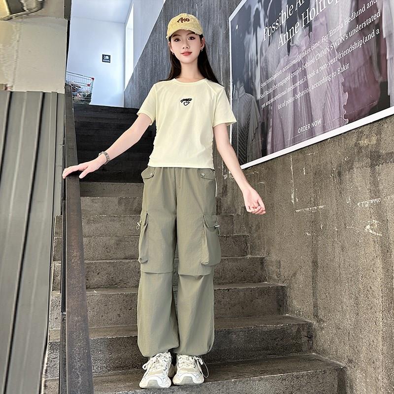 女大童夏装套装2025新款儿童A洋气少女学生时髦酷飒风工装裤两件