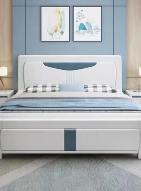 全实木白色主卧1.8米双人简约现代压纹实木床1.S5M经济型储物床
