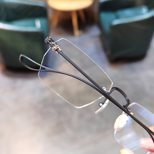 简丹剋萝心无框近视镜潮纯钛超轻男女时J尚斯文败类多边素颜平光
