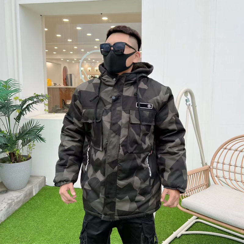 劳保棉袄棉服男h冬季加绒加厚防水工作服连帽迷彩棉衣中长版大棉