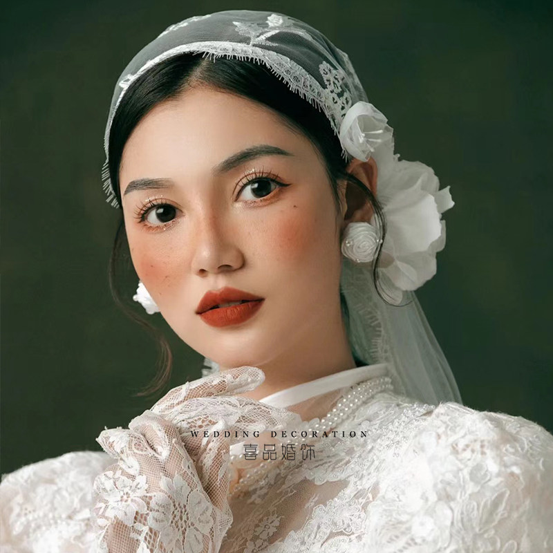 精致串珠花瓣蕾丝发箍双层包边头纱新娘结婚法式样T片摄影跟妆旅