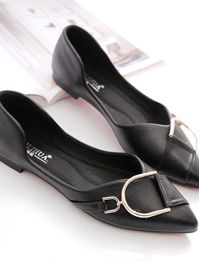 单鞋女春秋c2021新款韩版浅口尖头金属扣豆豆鞋女软底平底鞋百搭