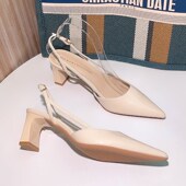 法式 银色一字带凉鞋 女夏z季 尖头韩版 粗跟2024年新款 包头后空高跟