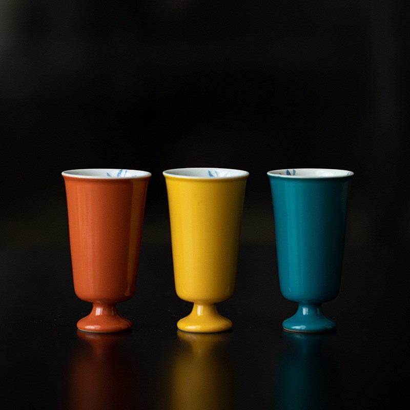 中式高款聚e香茶杯 功夫茶具陶瓷品茗杯 青花手绘秋水兰花喝茶单
