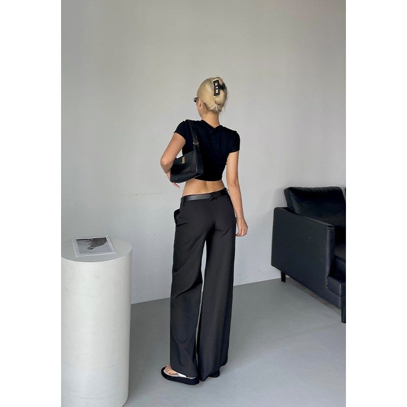 井也 黑色低腰休闲n西裤女夏季新款宽松显瘦直筒拖地垂感阔腿长裤