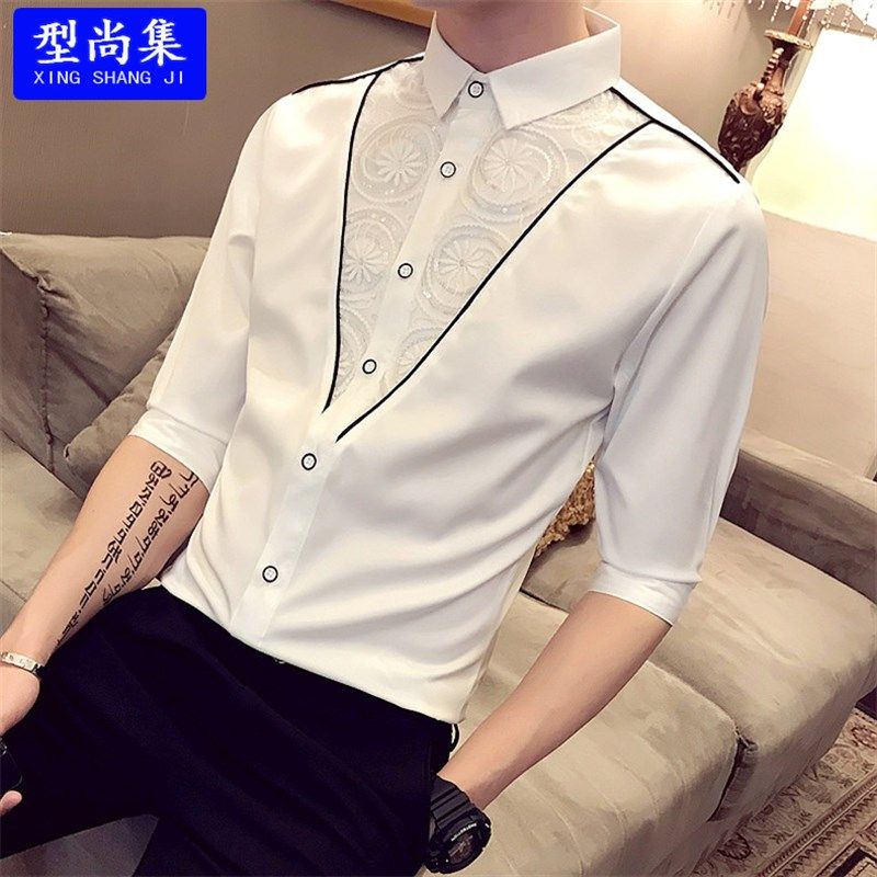 男士个性蕾丝七分中袖衬衫夏天发型师夜场少爷工R作服韩版帅气衬