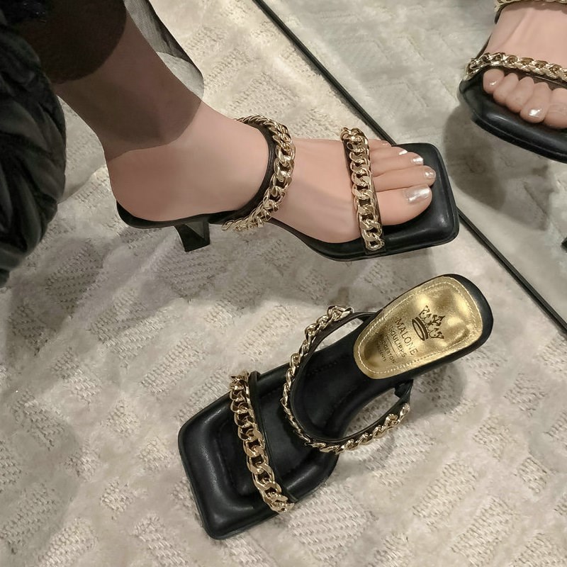 欧美风金属e链条一字带细高跟拖鞋女夏外穿踩屎感方头粗跟时装凉