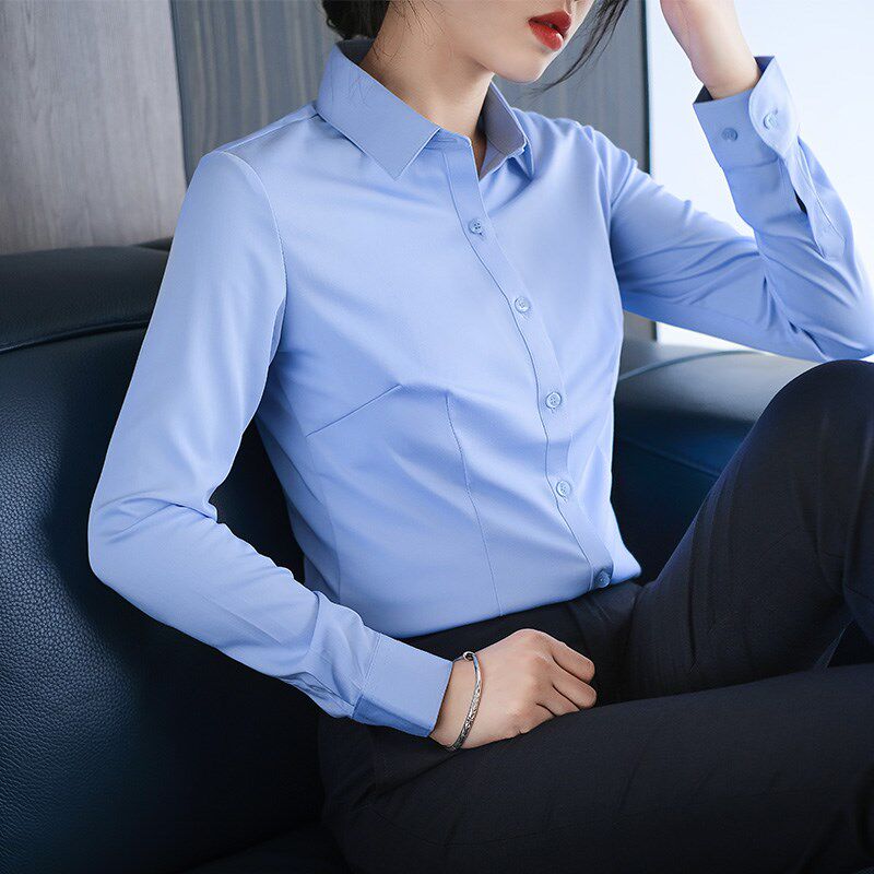 蓝色衬衫女职业装气质免烫抗皱长袖工作服正装P办公室上班白领衬