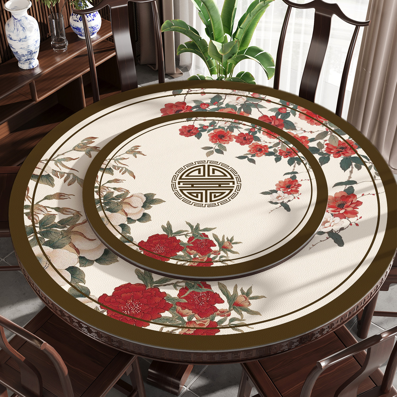 新中式圆桌桌布免洗防水防油家用皮革圆桌垫圆形餐桌垫双层带转盘,居家布艺,桌布,淘宝优惠券,粉丝福利购,淘宝优惠卷