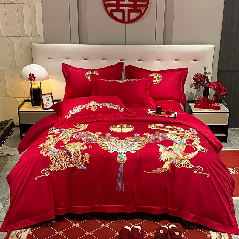 中式龙凤刺绣h婚庆四件套大红色结婚被套床单喜庆床上用品,床上用品,婚庆床品套件,淘宝优惠券,粉丝福利购,淘宝优惠卷