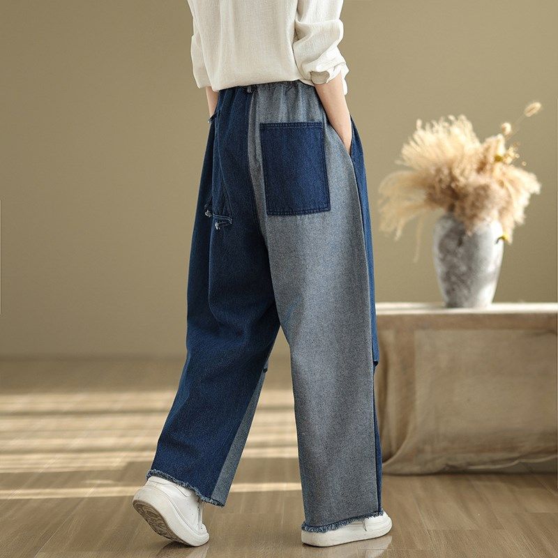 设计感撞色牛仔阔腿裤女宽松直筒2025新J款春秋显瘦百搭松紧腰长,女装/女士精品,大码裤装,淘宝优惠券,粉丝福利购,淘宝优惠卷