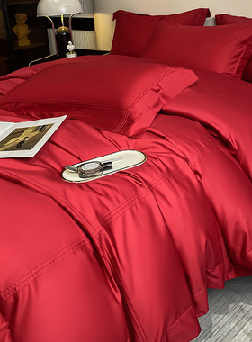 简约高级结婚铺牀上用品10w0支长绒棉红色牀单婚庆纯色四件套4
