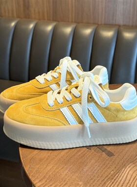 黄色德训鞋女款2024新款秋季女B式休闲运动厚底内增高百搭小白板