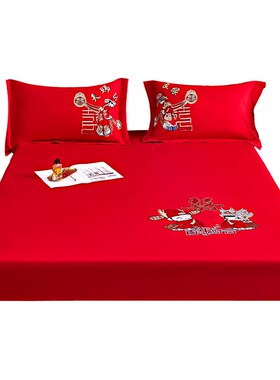 A类大红色喜庆纯棉床笠单件结婚婚庆床罩全棉床垫保护罩全包床套