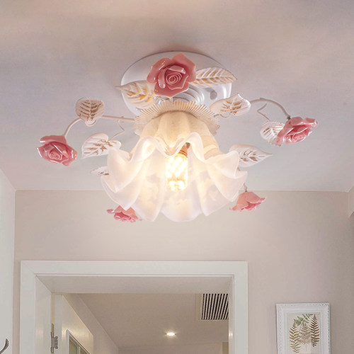 美苑韩式田园灯吸顶灯玫瑰铁艺花草灯玄关过道阳台灯民宿吸顶灯