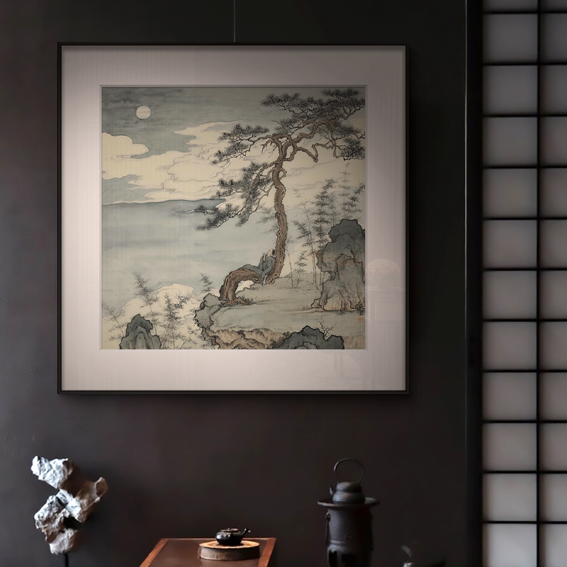 新中式禅意客厅玄关餐厅装饰画茶室民宿软装挂画松U树酒店别墅壁图片