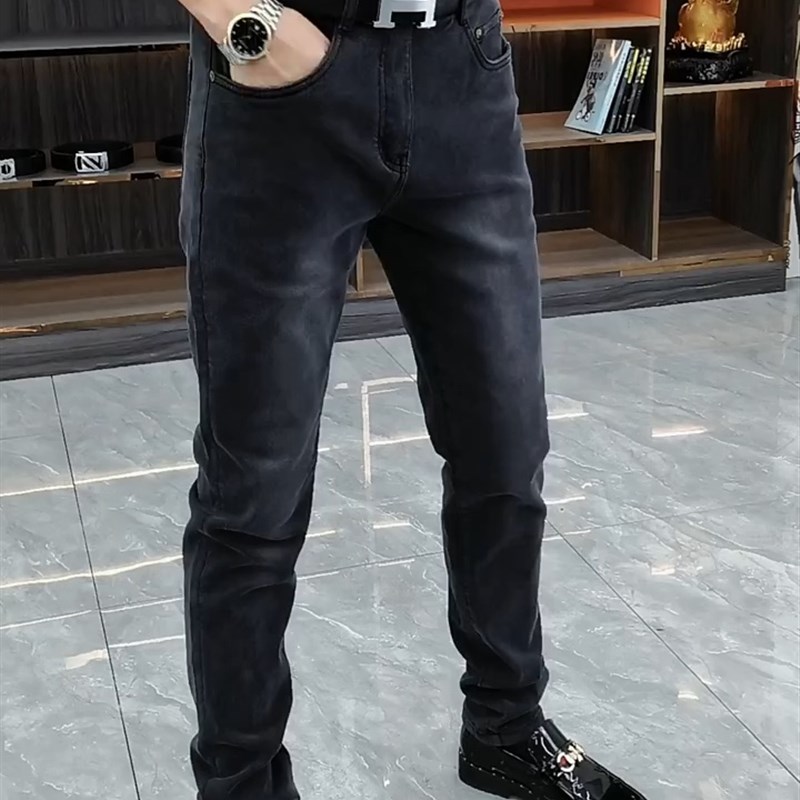 黑色牛仔裤男士2023秋冬新款修身小脚简单休闲长裤子男潮时尚百搭
