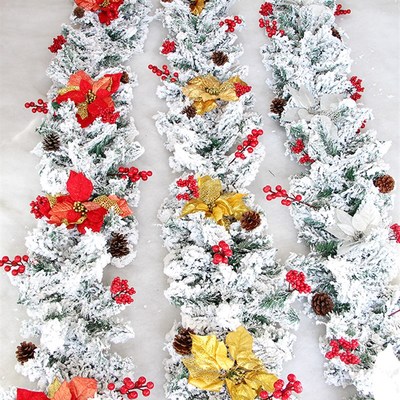 圣诞节装饰藤条白雪植绒酒店商场门头楼梯扶手装饰品松枝藤条套餐