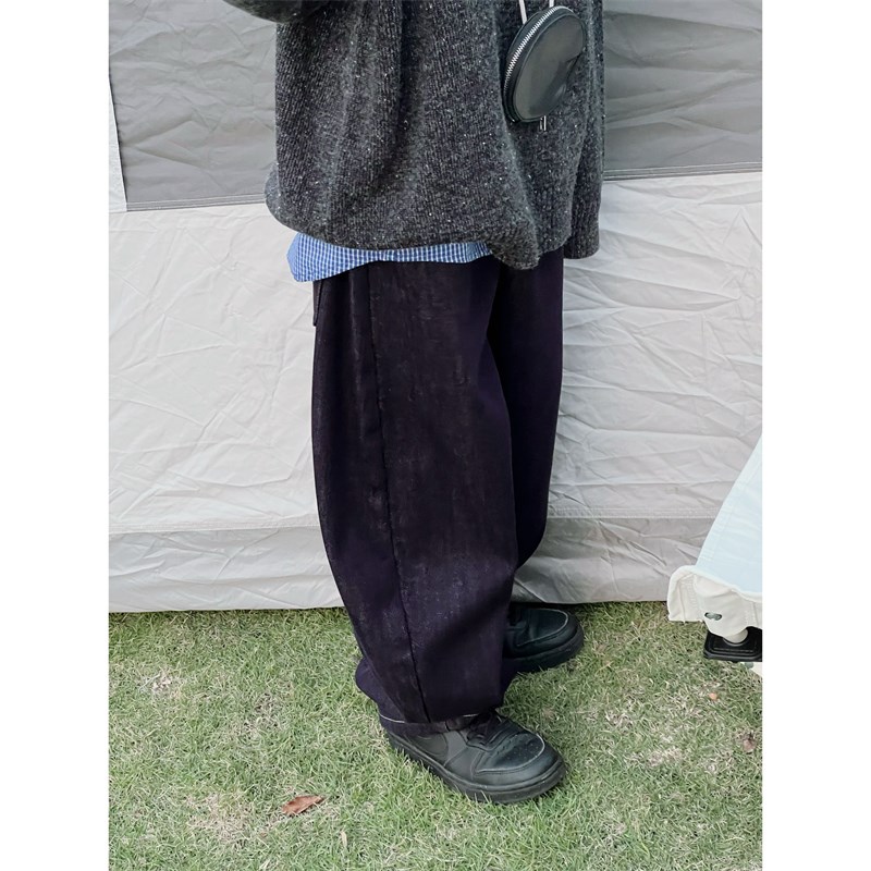 童妈定制中大男儿童深蓝时髦软加厚弯刀宽松牛仔一体加绒长裤冬装