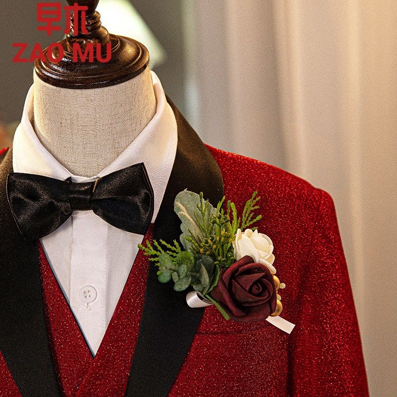 儿童西装套装男童红色亮片新年花童主持人礼服钢琴演出服晚会演出