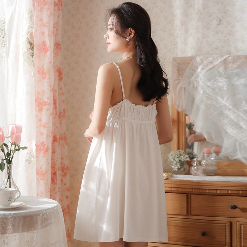 夏季白色法式吊带睡裙女性感纯棉高级感女款宫廷风睡衣女士家居服