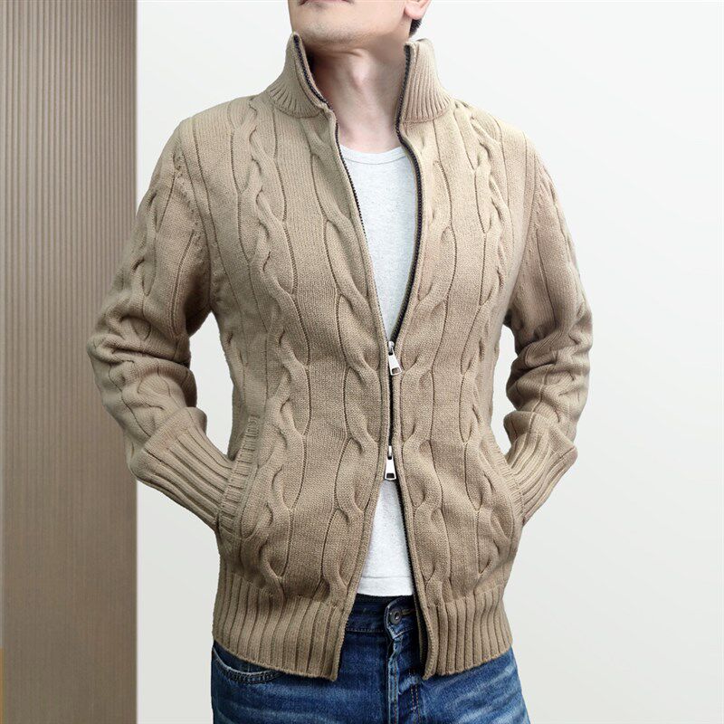 纯羊毛厚毛衣半高领美式秋冬男修身休闲暖外套粗针织麻花拉链开衫