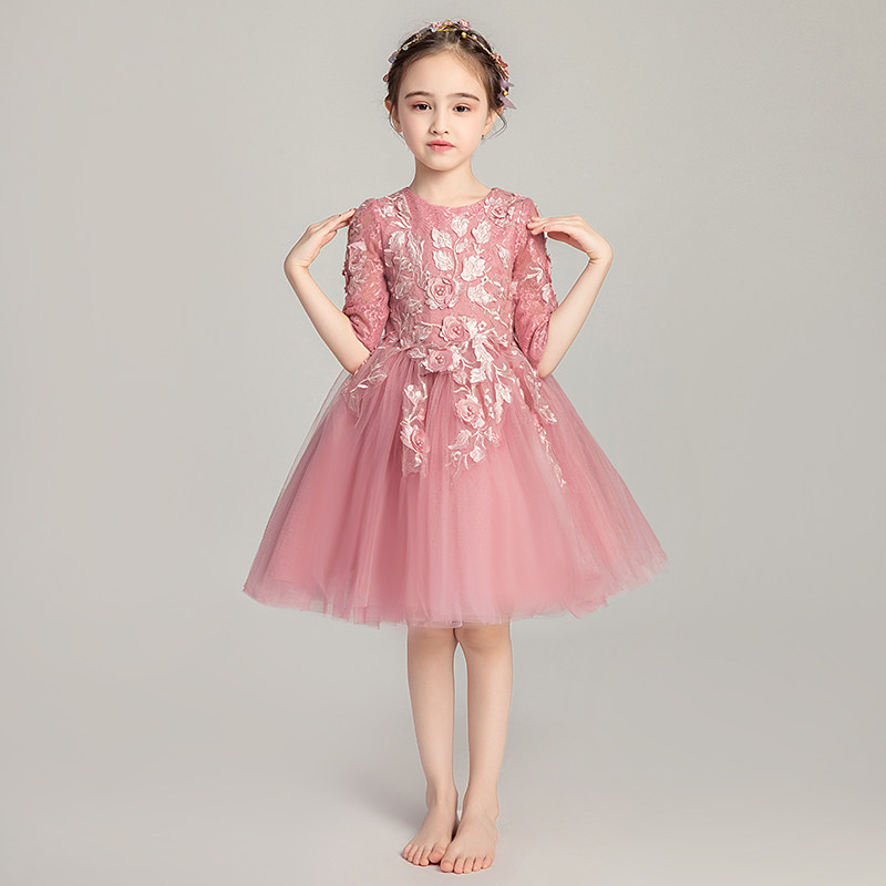 儿童晚礼服公主裙蓬蓬纱花童礼服女童婚纱主持人钢琴表演服长袖秋