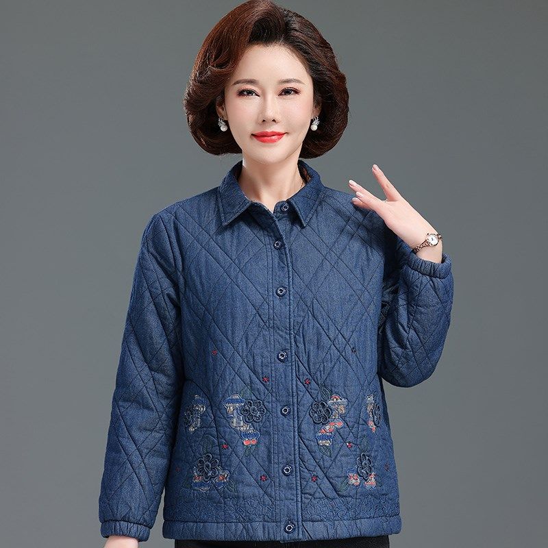 奶奶秋冬夹棉牛仔衬衫外套老年人纯棉上衣女短款老太太衣服妈妈装