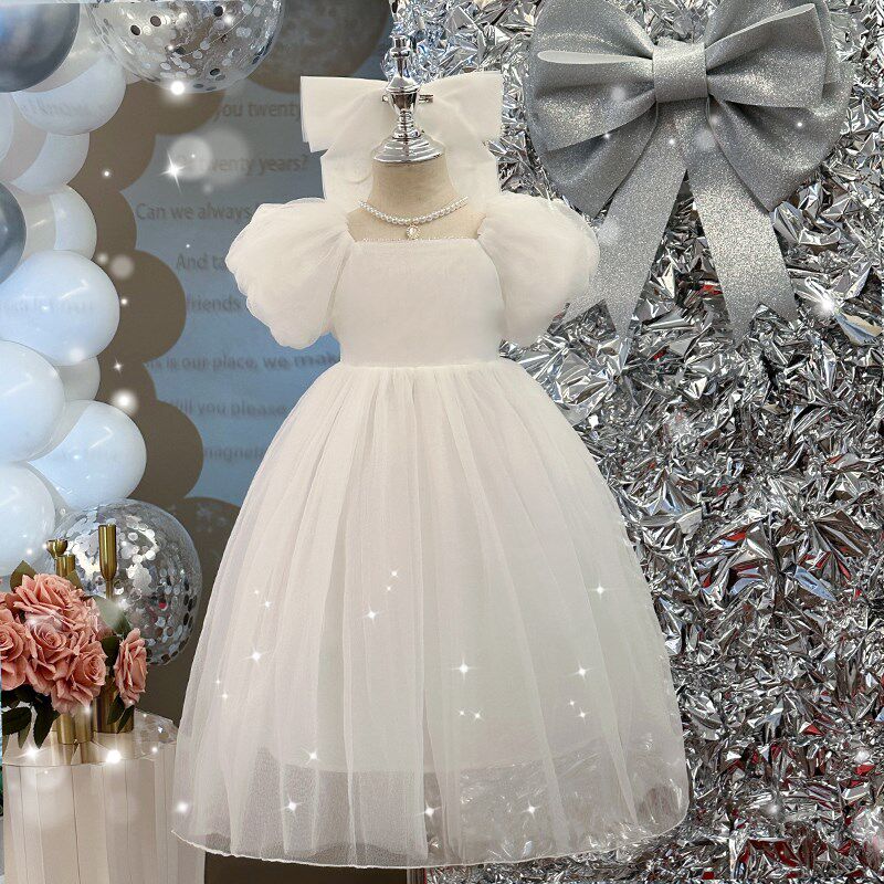 送头纱女童夏季高级感洋气白色婚纱主持人礼服纱裙儿童生日公主裙