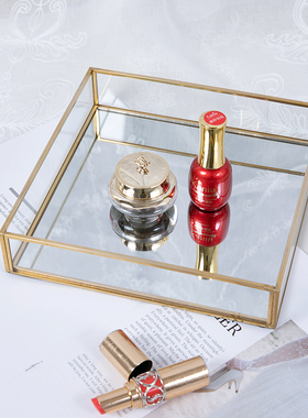 北欧黄铜玻璃桌面化妆品收纳托盘金色方形甜点蛋糕收纳盘装饰摆件