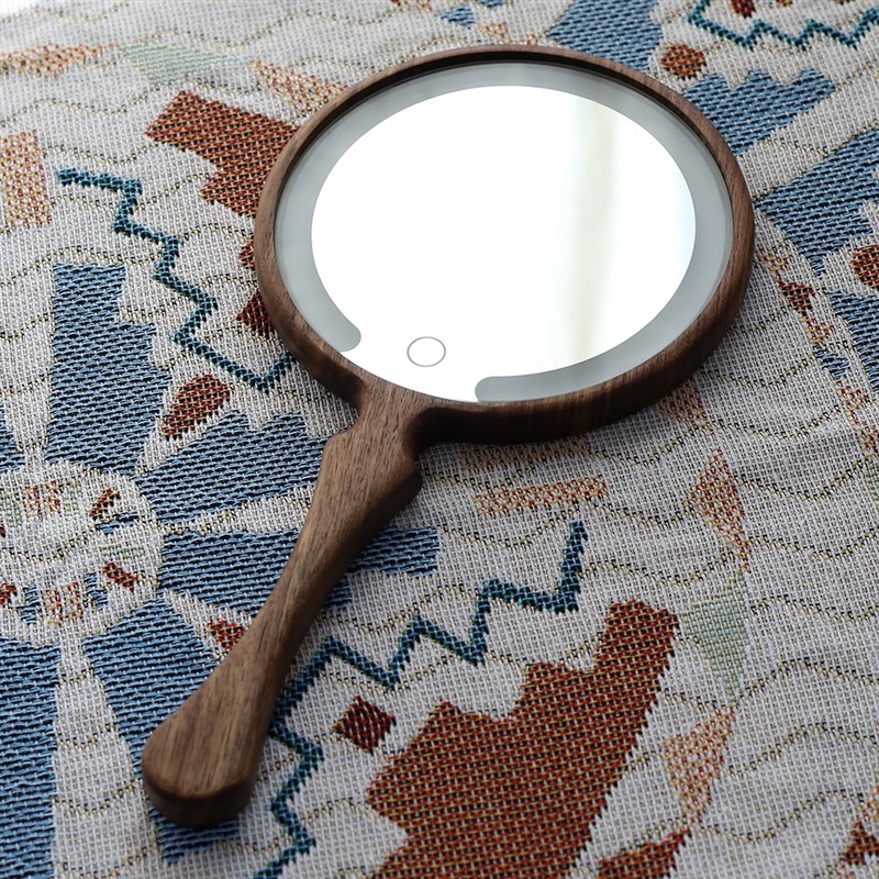 实木LED手柄化妆镜子充电带灯便携手持梳妆美容喜镜定制LOGO刻字