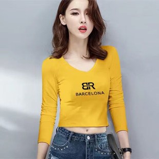 卡通T恤打底搭配牛仔背带裤子的秋衣修身长袖小衫内搭外穿女上衣